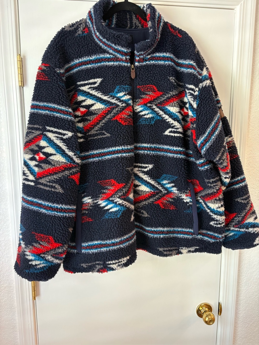3xl Ariat Navy Sherpa Jacket with Red, White & Blue Aztec Print